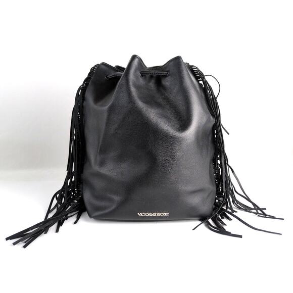 NWT Victoria's Secret Black Faux Leather Drawstring Fringe Sack Bag Backpack $85 - Picture 1 of 7